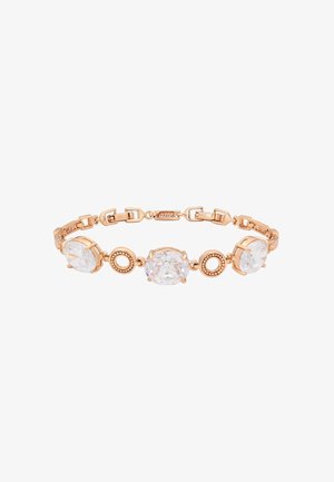 Bracciale in oro rosa con tre pietre ovali trasparenti, intervallate da accenti circolari e sezioni collegate, creando un design con texture.