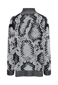 Long-sleeve sweater in a light gray and black snake print design. Features a high neck, ribbed cuffs, and textured knit fabric.