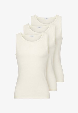 Tre canotte color crema in cotone, con scollo rotondo e design senza maniche, caratterizzate da una texture liscia.