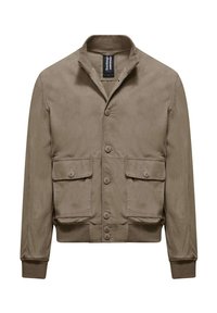 Giacca beige con colletto, cinque bottoni e due tasche frontali. Tessuto liscio con polsini e orlo elasticizzati. Design casual e leggero.