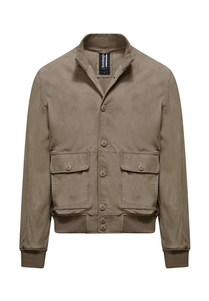 Giacca beige con colletto, cinque bottoni e due tasche frontali. Tessuto liscio con polsini e orlo elasticizzati. Design casual e leggero.
