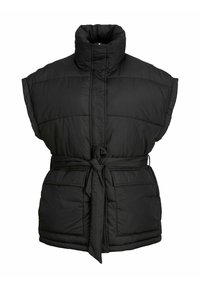 Černá péřová vesta s vysokým límcem, opaskem v pase a dvěma předními kapsami. Disponuje prošívanou texturou a strukturovaným tvarem.