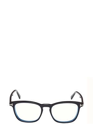 Occhiali in plastica nera con accenti blu, lenti rettangolari e dettagli in metallo sulle astine. Lenti trasparenti con finitura lucida.