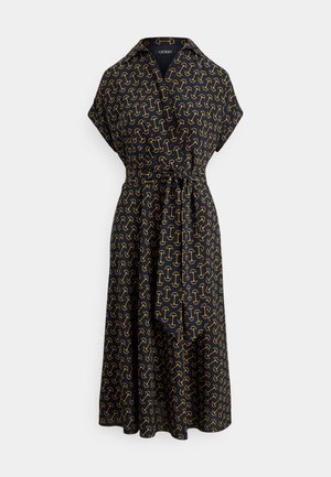 Black wrap dress with a collar, featuring a yellow geometric pattern throughout and a matching tie belt at the waist. Smooth fabric texture.