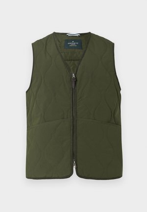 Olijfgroene gewatteerde vest met een rits aan de voorkant, V-hals en zonder mouwen. Bevat gestructureerde golven en contrasterende donkere afwerking.