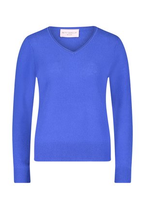 Blauer Langarm-V-Ausschnitt-Pullover mit gerippten Bündchen und Saum, gekennzeichnet mit "Betty Barclay So Cosy."