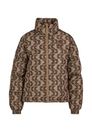 Hnedá vzorovaná puff jacket s vysokým golierom, obsahujúca šípkový dizajn v tmavšej hnedej farbe, zipsové uzatváranie a rebrované manžety.