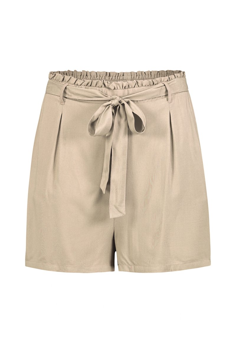 Beige shorts with a gathered elastic waistband and tied fabric belt. Features front pleats and a smooth texture.
