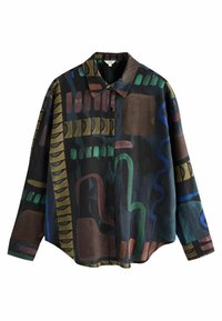 Camicia con colletto in tessuto scuro con motivi geometrici astratti in verde, marrone, blu e viola. Maniche lunghe e chiusura a bottoni.