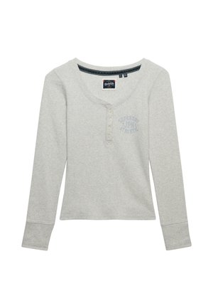 Jasnoszara koszulka henley z długim rękawem, czterema guzikami i delikatnym logo „Superdry JPN Athletic” na piersi.