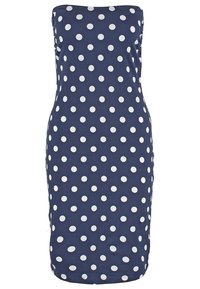 Robe bleu marine bustier à pois blancs, silhouette ajustée, longueur au genou.