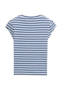Gestreiftes T-Shirt in Hellblau und Marineblau mit kurzen Ärmeln. Gerippte Textur und runder Ausschnitt. Die Rückansicht zeigt gleichmäßig verteilte horizontale Streifen.