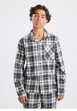 Plaid pajama set in beige, navy, and cream tones. Long-sleeved shirt with a pocket; button front. Soft, woven fabric with check pattern.