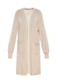 Cardigan lungo beige realizzato in morbido materiale di maglia, con una vestibilità ampia, apertura frontale, due tasche anteriori e polsini a coste.