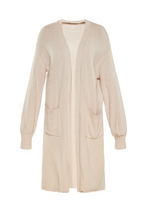 Beige lange cardigan van zachte breimateriaal, met een ruime pasvorm, open voorkant, twee voorzakken en geribde manchetten.