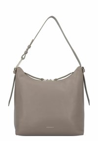 Borsa a spalla in pelle grigia con texture liscia, forma arrotondata, chiusura con zip e tracolla regolabile. Logo distintivo discreto sul davanti.