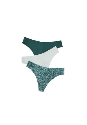 Drei Paare Damenunterwäsche: dunkelgrün, weiß und türkis mit einem Leopardenmuster. Alle verfügen über einen glatten, elastischen Stoff und ein Tanga-Design.