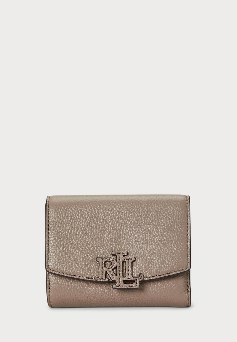 Leather wallet in taupe with a textured finish, folded design, and embossed logo on the front. Features a magnetic closure.