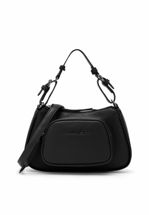 Black leather handbag with a structured shape, featuring a rounded body and a front zip pocket. Includes an adjustable shoulder strap.