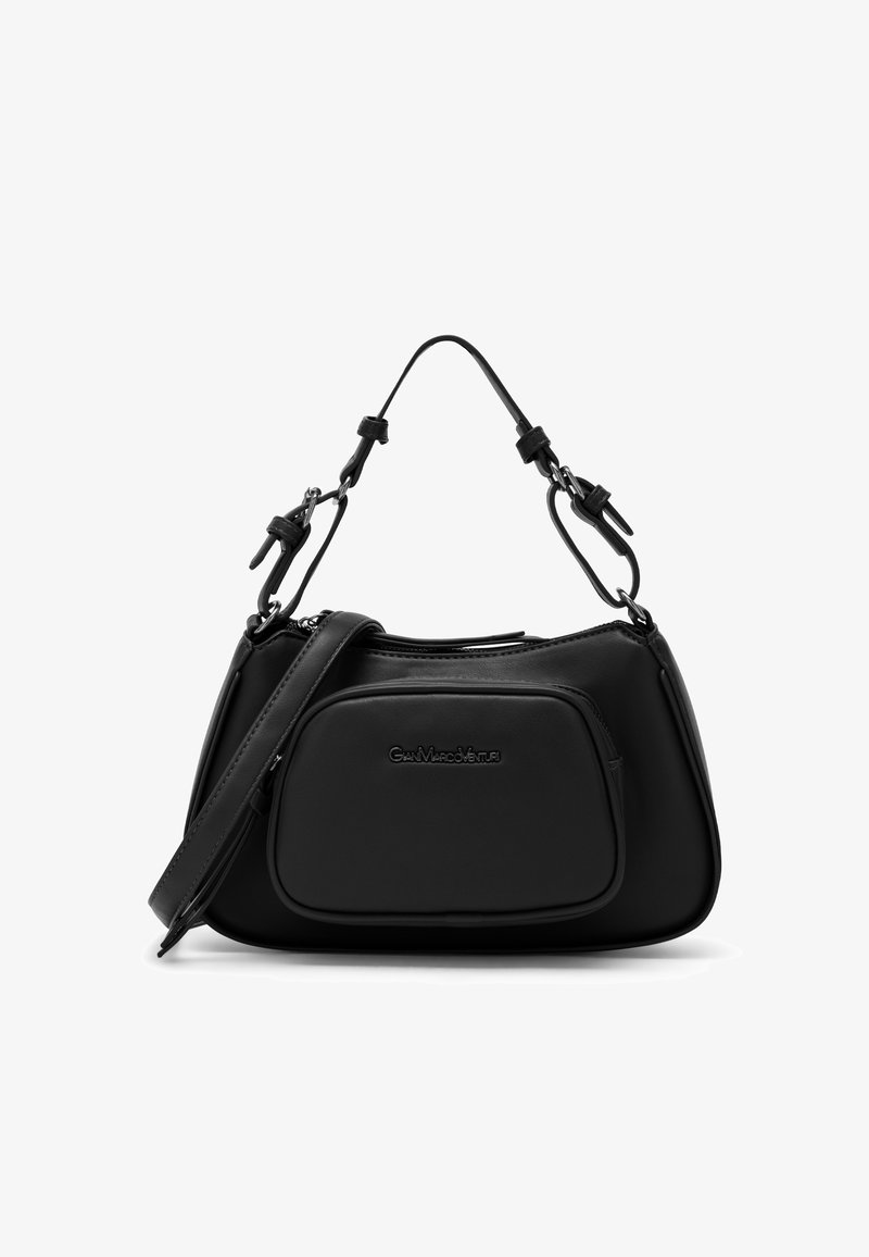 Borsa a tracolla nera in pelle con forma strutturata, caratterizzata da un corpo arrotondato e una tasca frontale con zip. Include una tracolla regolabile.