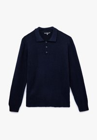 Mørkeblå pullover med lange ærmer, krave, fire knapper og ribbet kant. Materialet er blødt og tekstureret, velegnet til lag-på-lag.