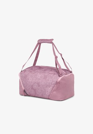 Rosa Reisetasche mit Blumenmuster, verstellbarem Schultergurt und seitlicher Reißverschlusstasche, vor weißem Hintergrund gezeigt.