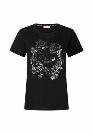 Zwart shirt met korte mouwen, voorzien van een bloemenmotief in zilver en zwart met sequins aan de voorkant. Ronde halslijn met een gladde textuur.