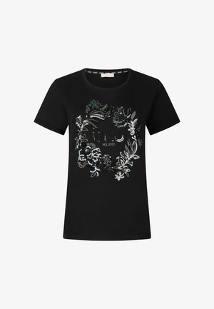 T-shirt noir à manches courtes avec un design floral en sequins argentés et noirs à l'avant. Encolure ronde avec une texture lisse.