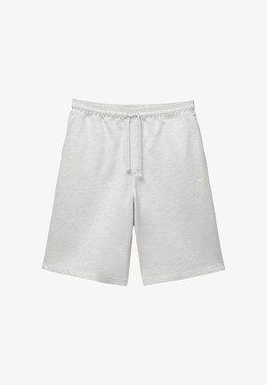 Svetlo šedé bavlnené šortky s elastickým pásom a šnúrkou. Majú voľný strih a jednoduchý dizajn bez dodatočných vzorov alebo akcentov.