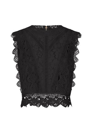 Black lace top featuring intricate cutouts, scalloped edges, and a zip closure at the back, with a textured floral design.
