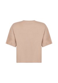 Beige T-shirt met korte mouwen, ontspannen pasvorm, ronde halslijn en een zachte textuur. Minimalistisch ontwerp zonder zichtbare logo's of patronen.