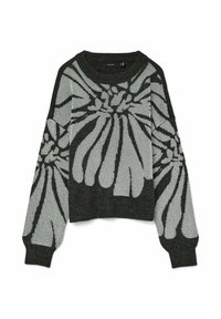 Maglione lavorato a maglia verde scuro con un motivo floreale grigio chiaro, scollo rotondo, polsini a coste e un design rilassato e corto.