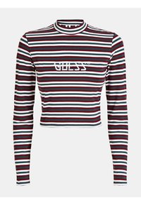 Pitkähihaine crop-top, jossa on moniväriset raidat punaisena, vihreänä ja valkoisena; siinä on pieni etulogo valkoisena ja joustava kaulus.