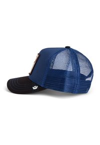 Cappellino da baseball blu navy con retro in rete, visiera nera e cuciture blu in contrasto. Presenta una toppa rettangolare sul davanti.