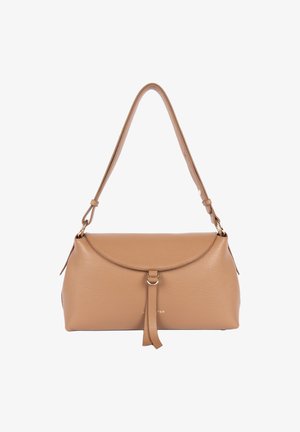 Hellbraune Leder-Umhängetasche mit einer Klappenverschluss, verstellbarem Tragegurt und einem hängenden Lederquaste-Detail vorne.