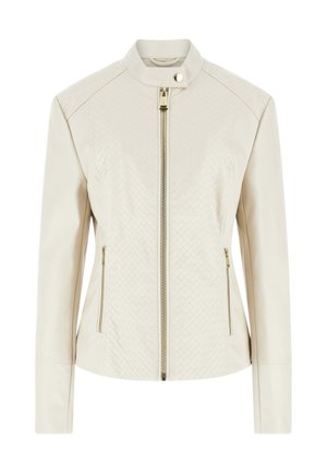 Giacca color crema con fronte in tessuto intrecciato, maniche lunghe, cerniera frontale, tasche laterali con cerniera e collo con bottone a pressione.