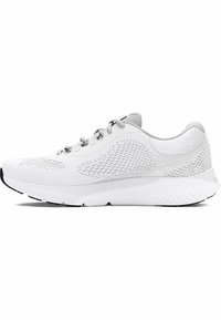 Weißer Sportschuh mit einem Obermaterial aus Mesh, subtilen grauen Akzenten, strukturiertem Sohlen und leichtem Design. Er hat eine runde Zehenform und eine Schnürung.