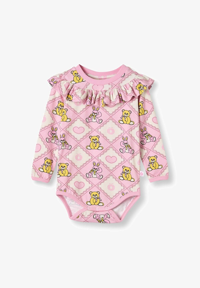 Langärmliger rosa Einteiler mit Teddybär- und Hasenmotiv, Rüschenausschnitt und Druckknopfverschlüssen. Hergestellt aus weichem Stoff mit strukturiertem Muster.