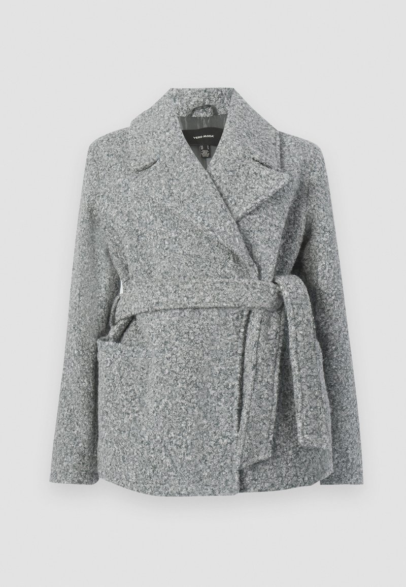 Manteau en mélange de laine gris avec col à revers, deux poches avant, ceinture à nouer et surface texturée. Convient pour les temps frais.