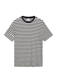 Striped t-shirt featuring horizontal black and white stripes, a crew neckline, short sleeves, and a soft, textured fabric.