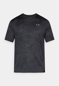 Αθλητικό t-shirt με κοντά μανίκια σε μαύρο χρώμα με υφή και ημιδιαφανές, ματ φινίρισμα που διαθέτει διακριτικό καμουφλάζ μοτίβο και μικρό γκρι λογότυπο στο στήθος.