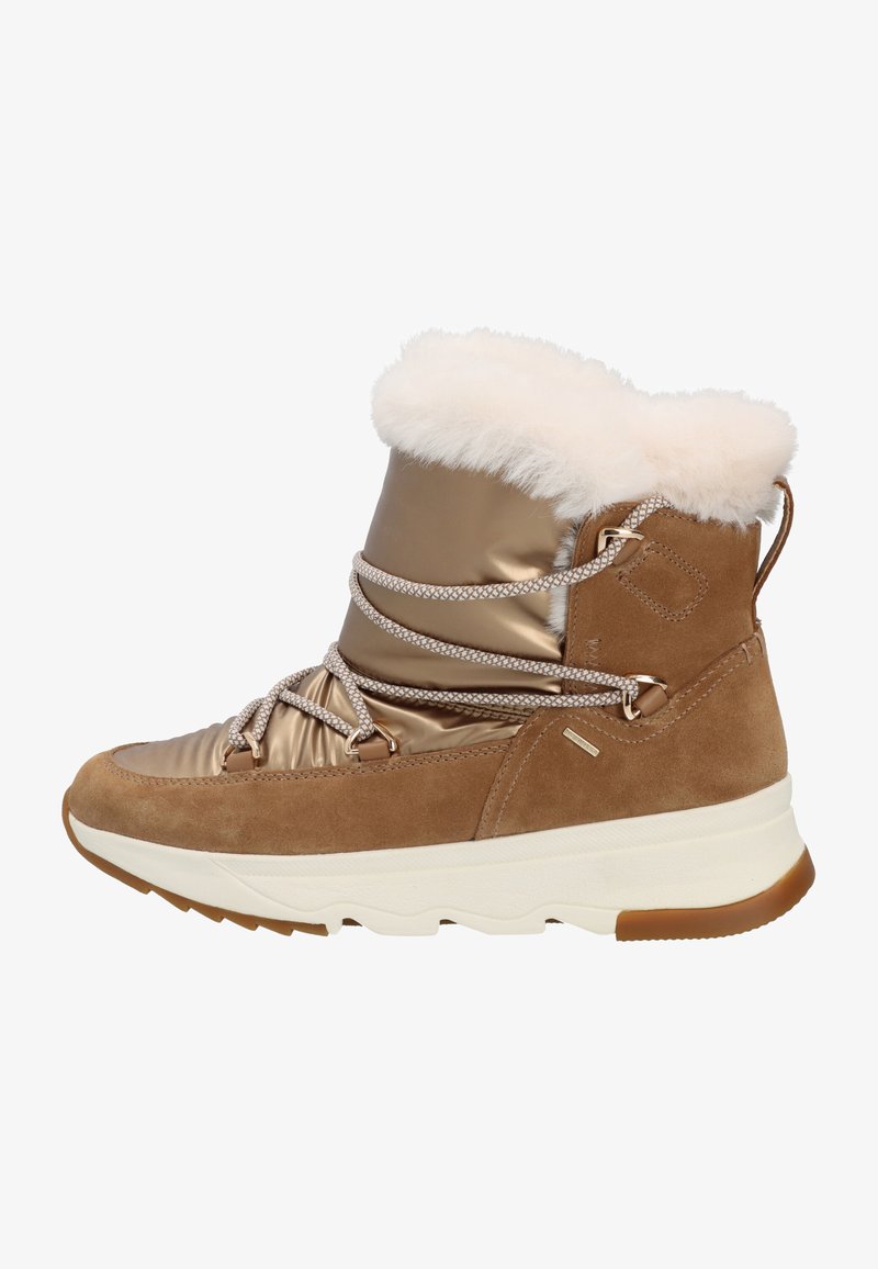 Botas de tobillo de ante marrón y tejido metálico con cuello de piel sintética, diseño de cordones, media suela blanca y suelas texturizadas.