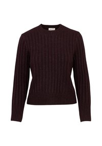 Maglione a coste di colore viola scuro con maniche lunghe e scollatura rotonda, mostrato su uno sfondo bianco.