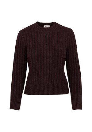 Maglione a coste di colore viola scuro con maniche lunghe e scollatura rotonda, mostrato su uno sfondo bianco.