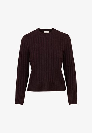 Dark purple ribbed knit sweater with long sleeves and a round neckline, displayed on a white background.