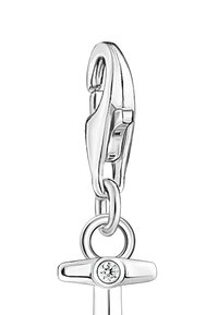 Silberner Karabinerhaken mit polierter Oberfläche, der mit einem Diamantakzent und einer runden Schlaufe zur Befestigung ausgestattet ist.