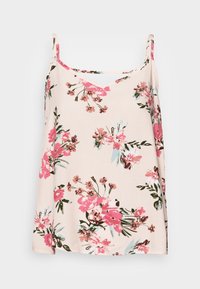 Camisola senza maniche beige con stampa floreale rosa e verde, caratterizzata da spalline sottili e scollatura a V con un dettaglio decorativo sulle spalle.