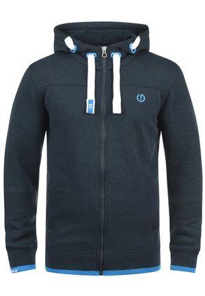 Dark blue zip-up hoodie with a drawstring hood, white accents, and a blue logo. Made from soft fabric, featuring ribbed cuffs and hem.