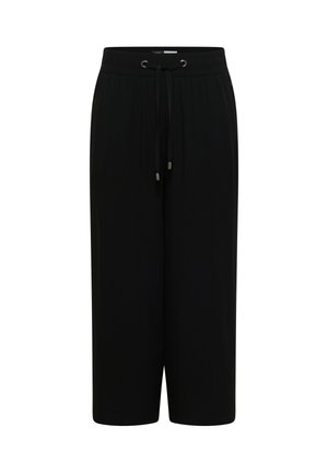 Schwarze, weit geschnittene, gekürzte Hose mit elastischem Bund und verstellbaren Kordelzügen vorne.
