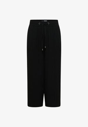 Schwarze, weit geschnittene, gekürzte Hose mit elastischem Bund und verstellbaren Kordelzügen vorne.